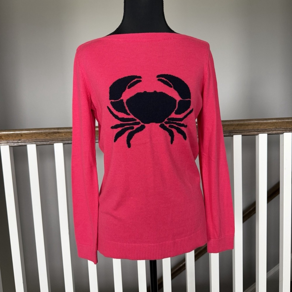 TALBOTS Sweater Small Petite Pink Long Sleeve Crab Coastal Nautical Preppy Beach